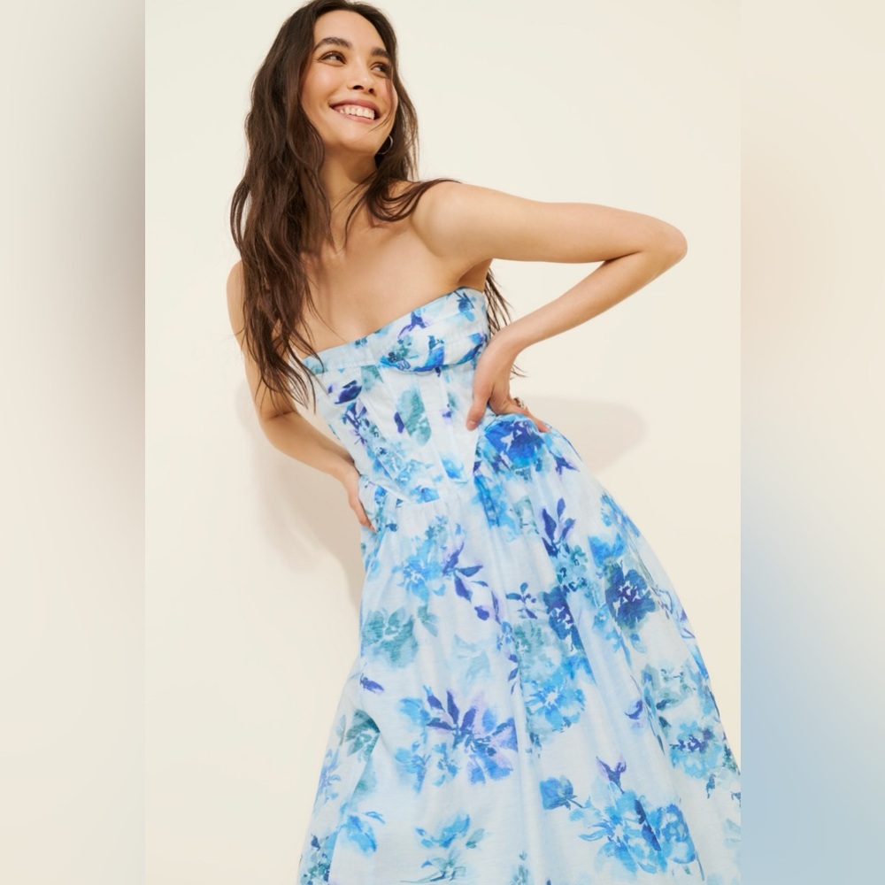 Bardot Strapless Dress in Blue Floral